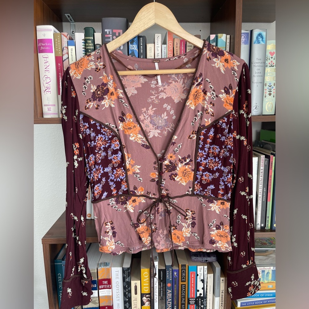 Free People Mixed Floral Tie Front Long Sleeve Boho Blouse Top M - Picture 6 of 7